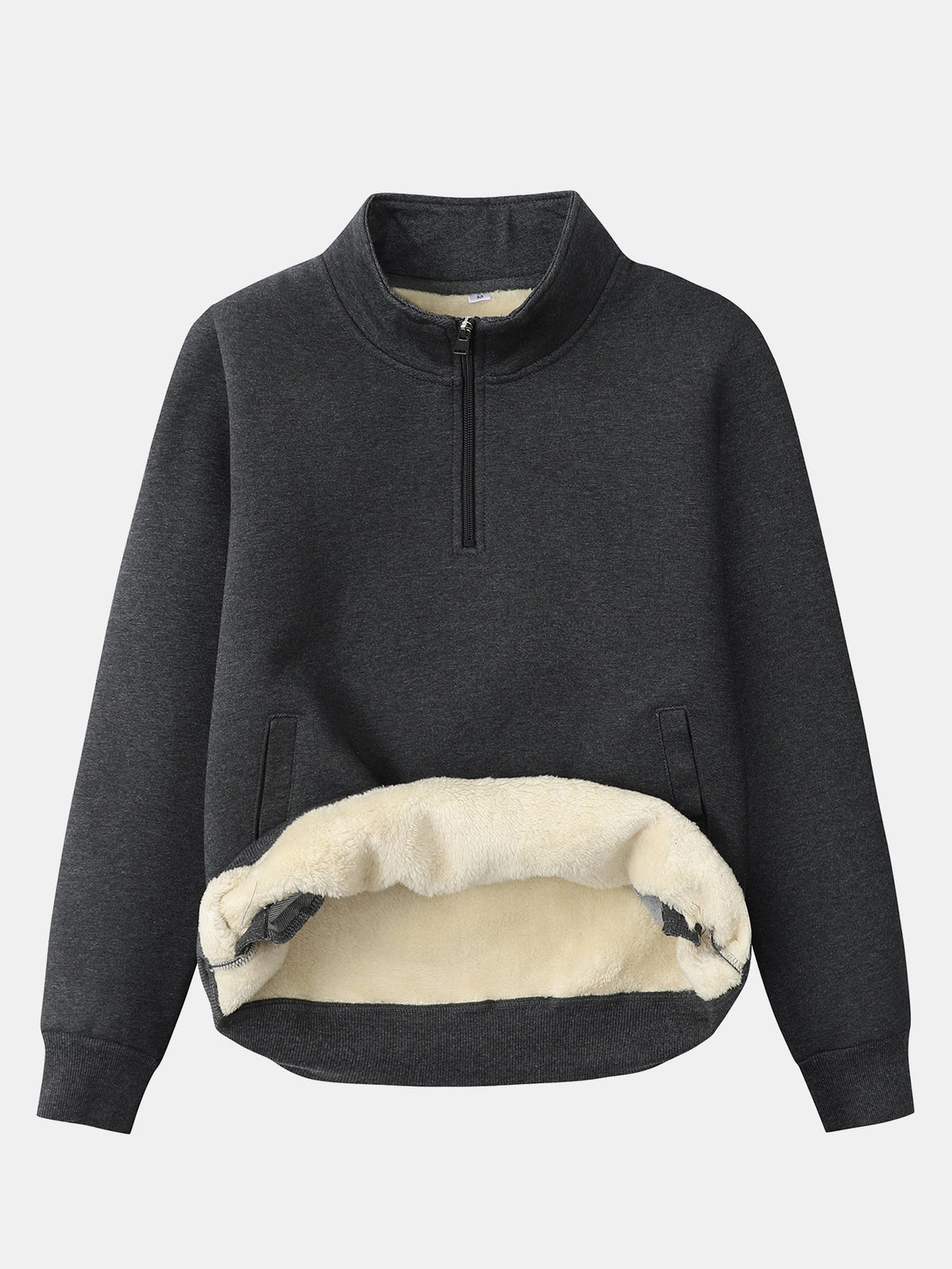 Heren-sweatshirt met teddyfleecevoering en kwartrits – warme pullover van katoenmix met opstaande kraag en zijzakken, voor herfst en winter