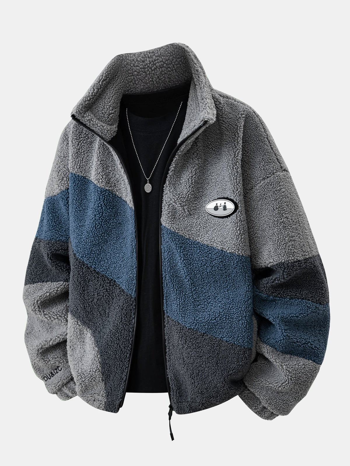Chaqueta de borreguito suave para hombre con cremallera y paneles estampados - Prenda informal de corte holgado para otoño e invierno