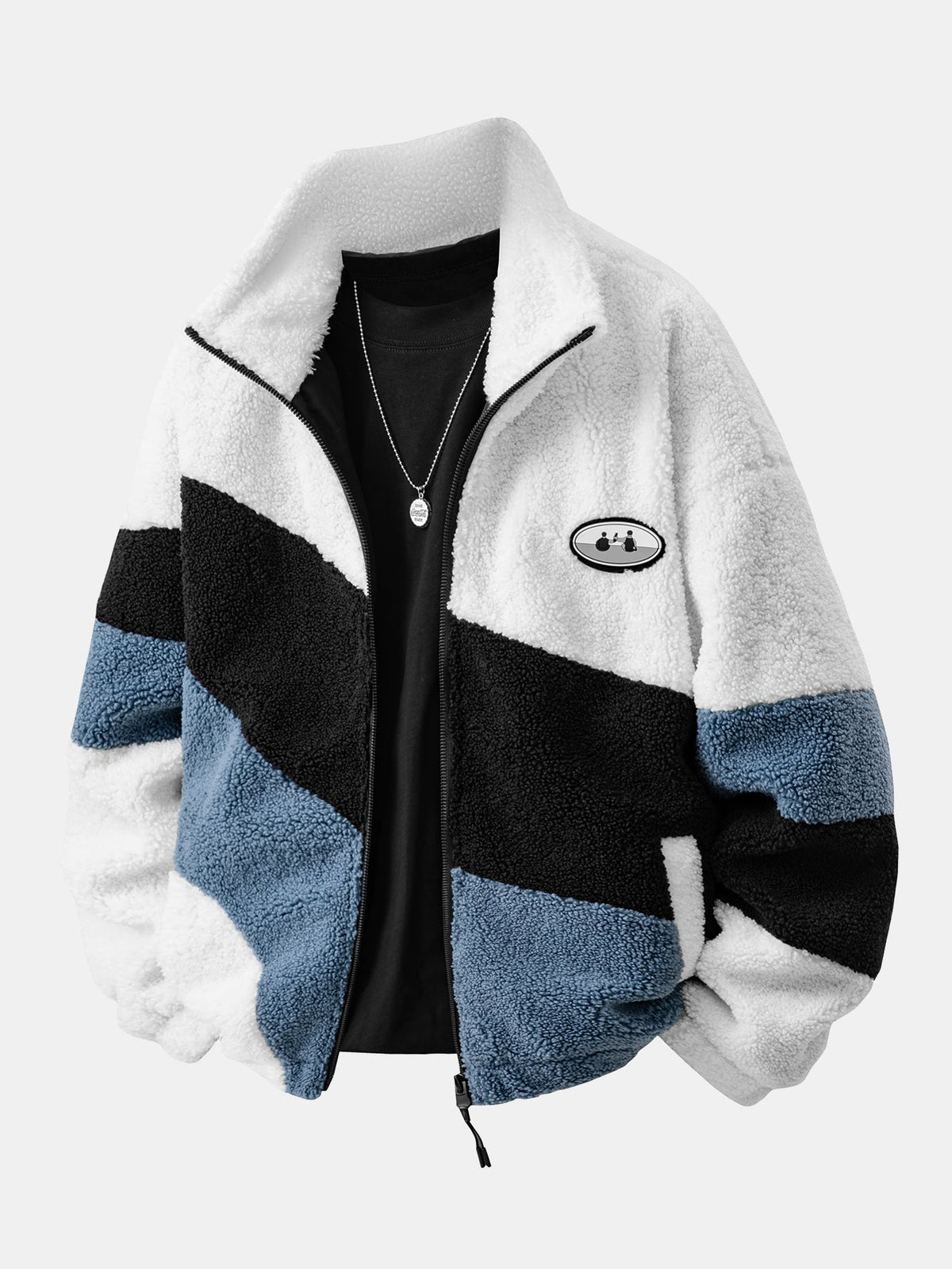 Chaqueta de borreguito suave para hombre con cremallera y paneles estampados - Prenda informal de corte holgado para otoño e invierno