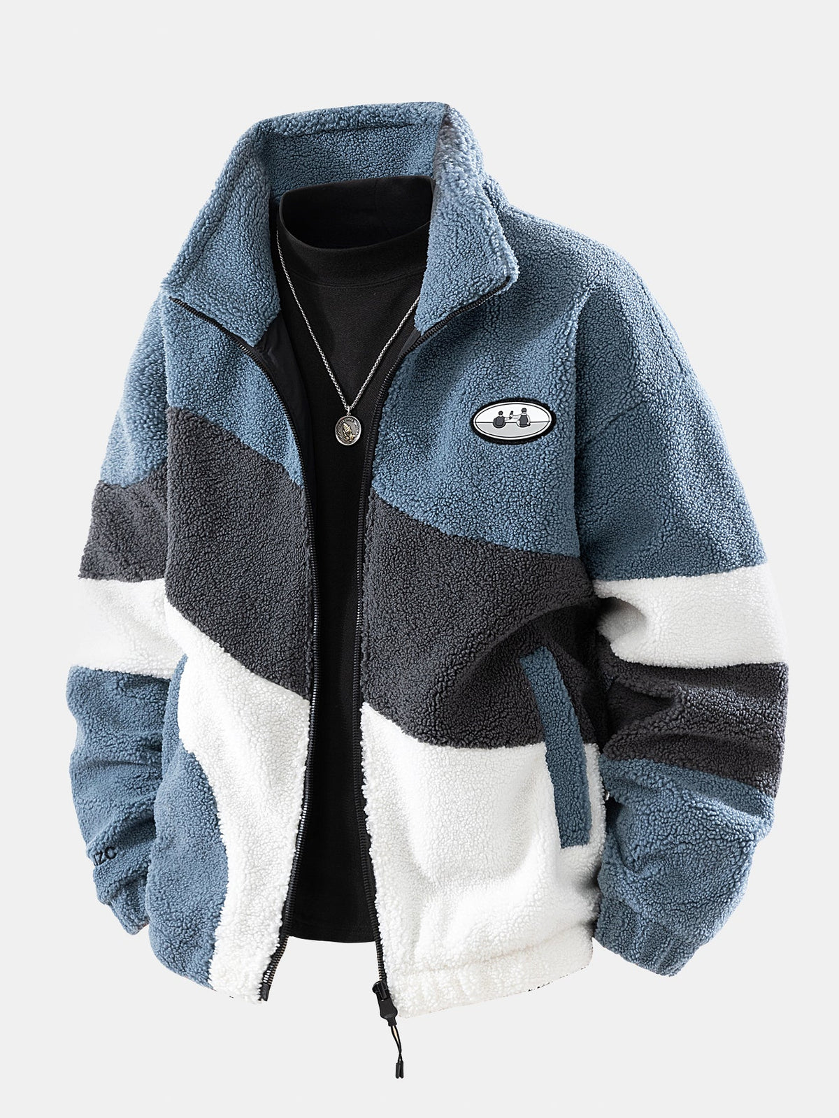 Chaqueta de borreguito suave para hombre con cremallera y paneles estampados - Prenda informal de corte holgado para otoño e invierno