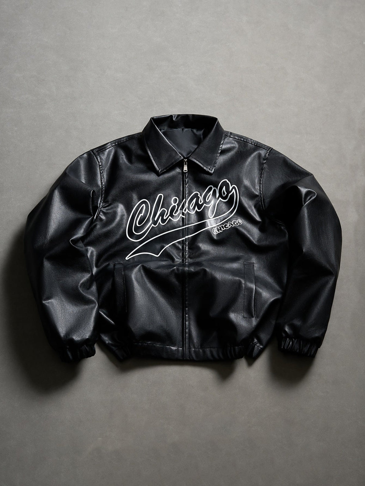 Bomberjacke aus Kunstleder im Vintage-Stil für Herren – bedruckte Jacke mit Reißverschluss und Kragen für lässige Streetwear