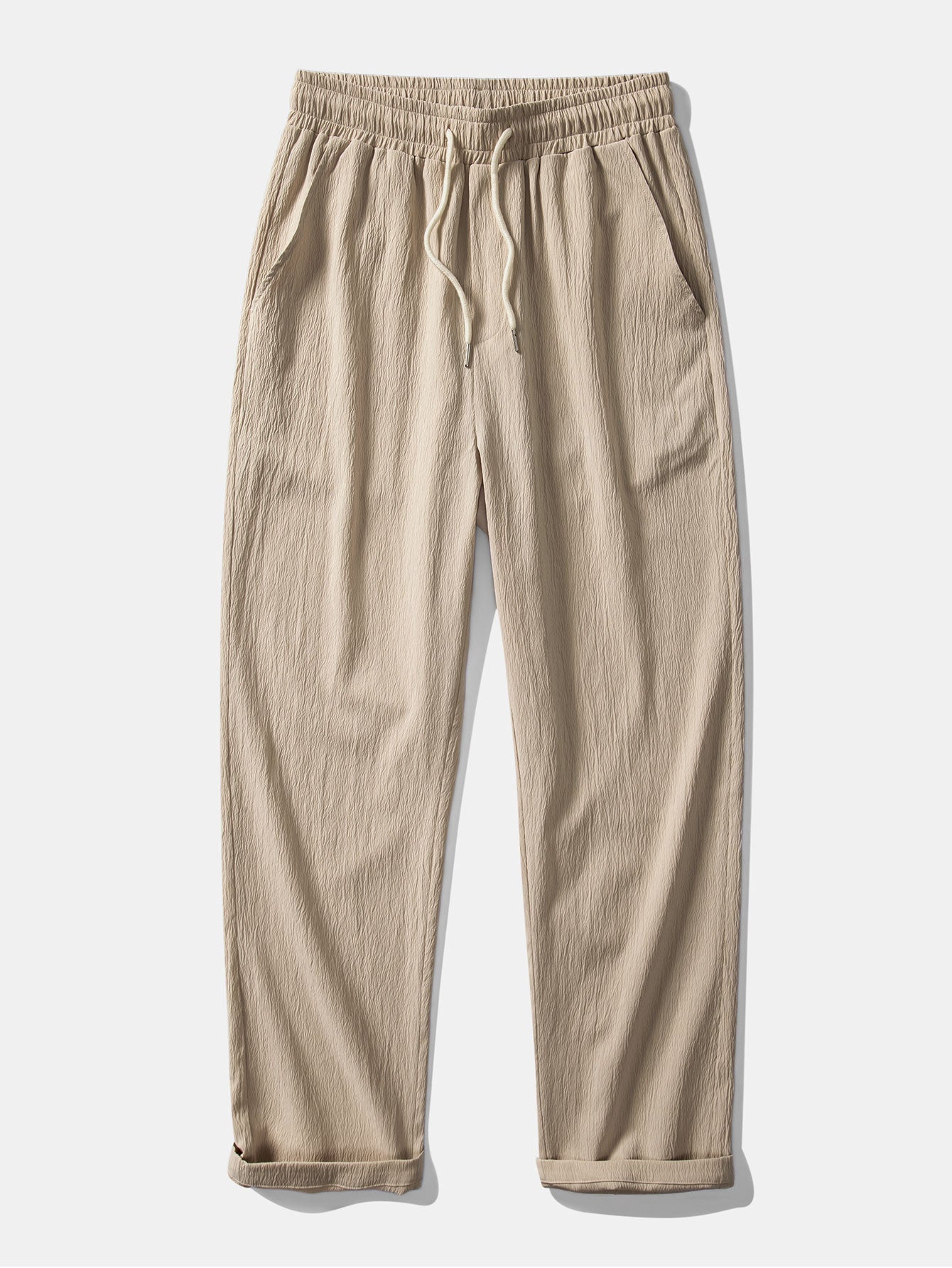 Men’s Textured Straight-Leg Trousers – Drawstring Casual Pants for Travel and Daily Wear