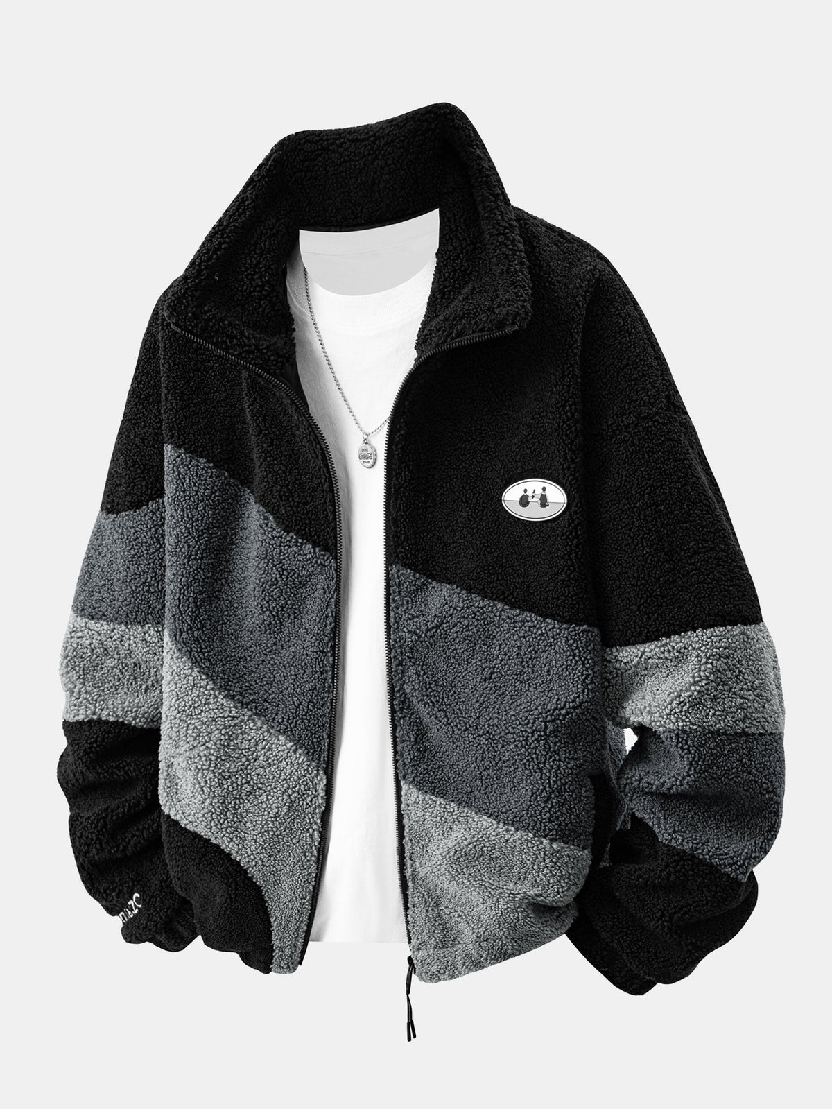 Chaqueta de borreguito suave para hombre con cremallera y paneles estampados - Prenda informal de corte holgado para otoño e invierno