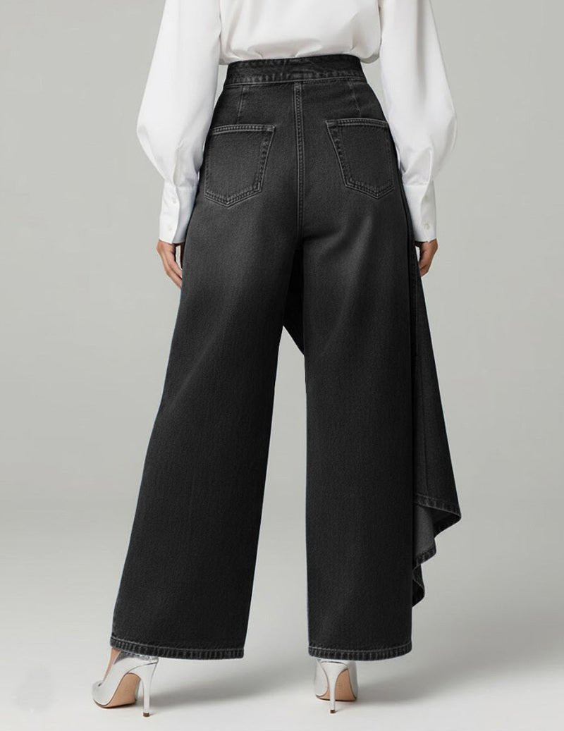 Pantaloni denim asimmetrici da donna con gamba larga e cintura incrociata