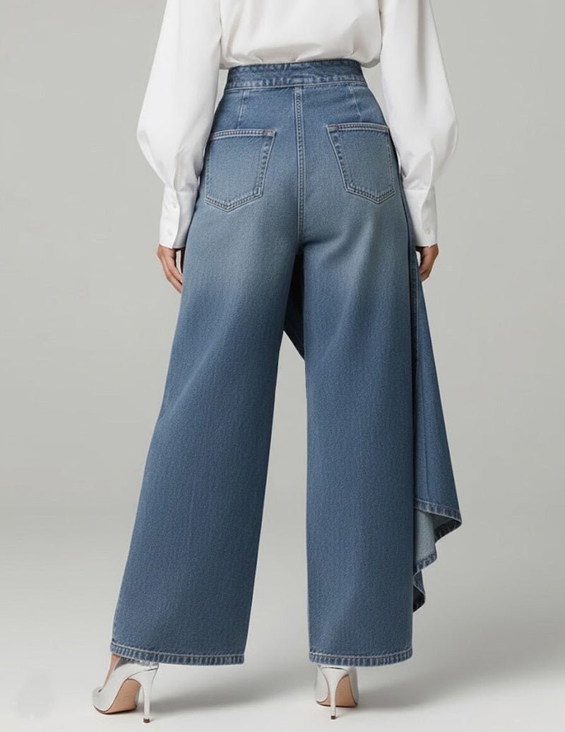 Pantaloni denim asimmetrici da donna con gamba larga e cintura incrociata