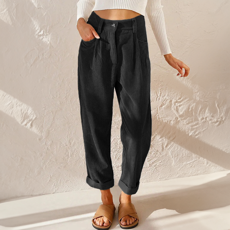 Pantalon en velours côtelé taille haute pour femme – Coupe fuselée à plis, idéal pour l’automne