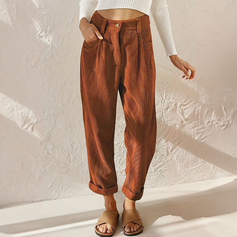 Pantalon en velours côtelé taille haute pour femme – Coupe fuselée à plis, idéal pour l’automne