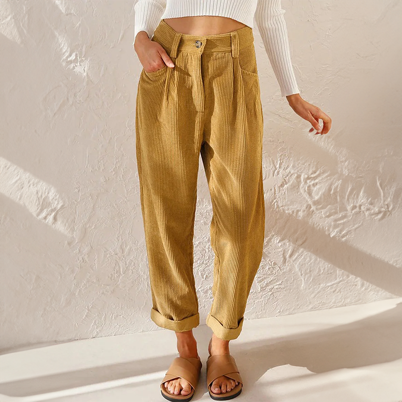 Pantalon en velours côtelé taille haute pour femme – Coupe fuselée à plis, idéal pour l’automne