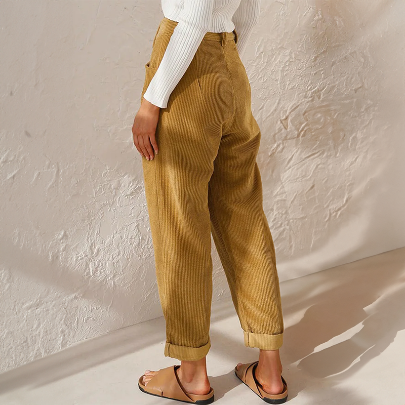 Pantalon en velours côtelé taille haute pour femme – Coupe fuselée à plis, idéal pour l’automne