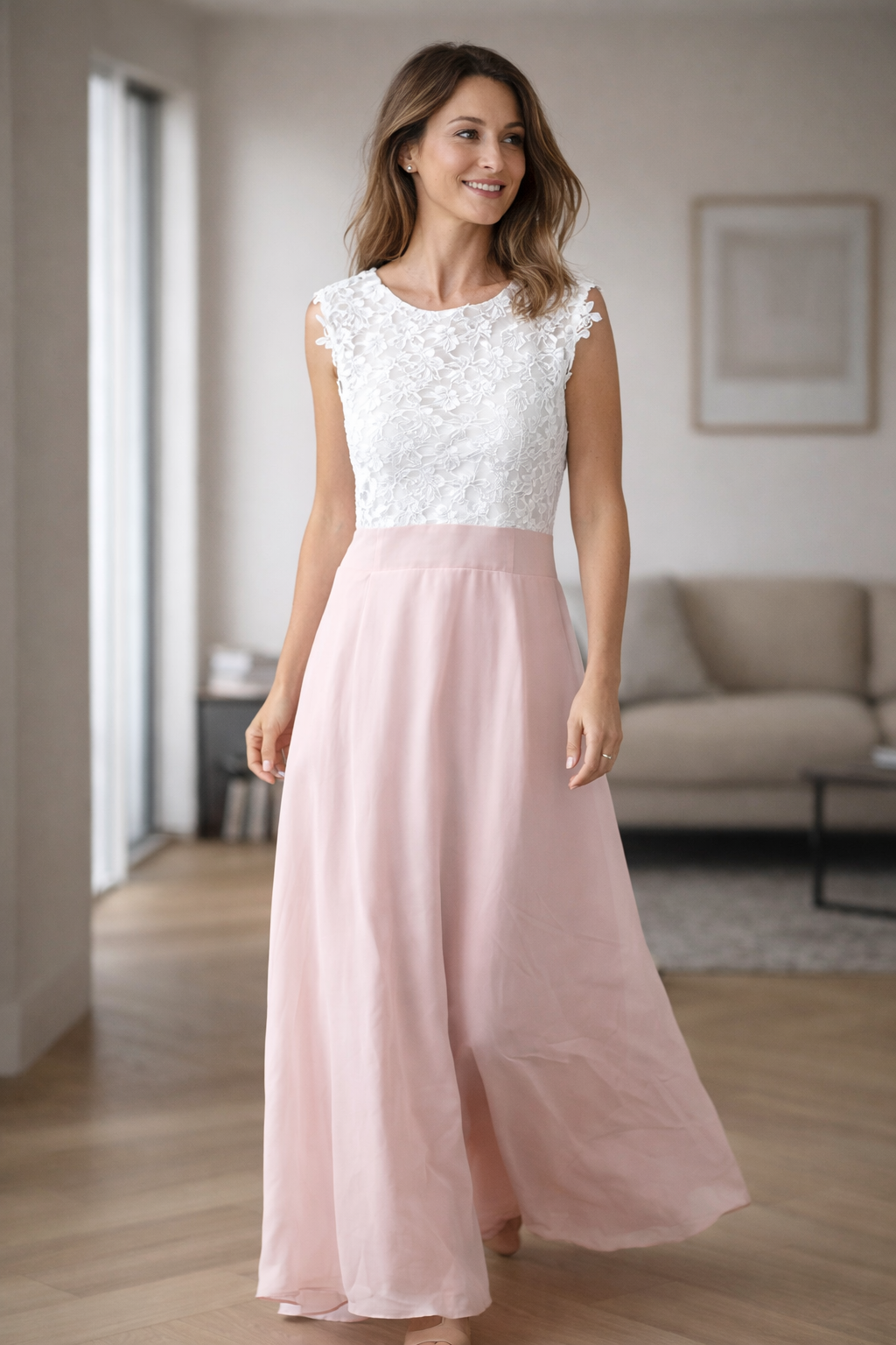 Ärmelloses Damen-Brautjungfernkleid aus Spitzenchiffon – zweifarbiges Maxikleid mit hoher Taille für Hochzeiten und festliche Anlässe