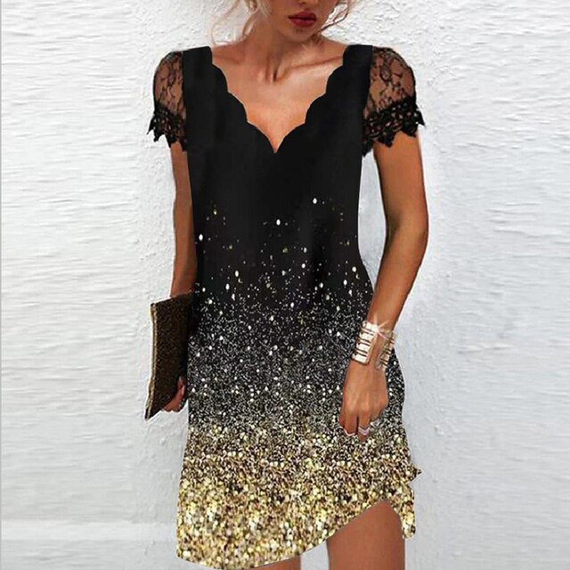 Women’s Lace Sleeve Mini Dress Scalloped V Neck Asymmetric Hem Elegant Party Style
