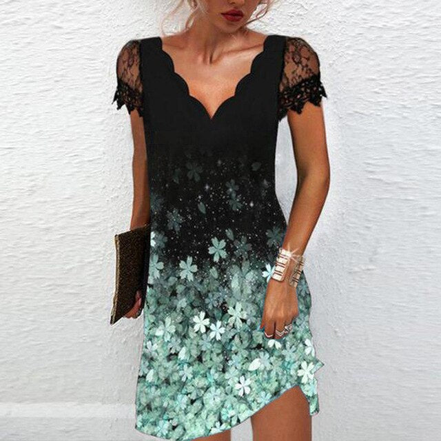 Women’s Lace Sleeve Mini Dress Scalloped V Neck Asymmetric Hem Elegant Party Style