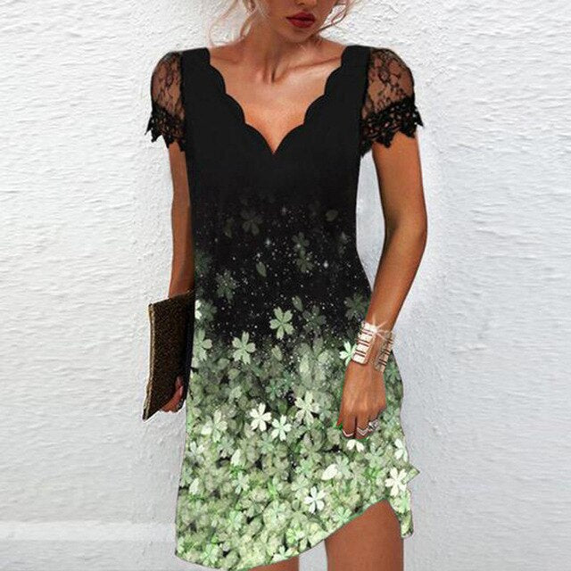 Women’s Lace Sleeve Mini Dress Scalloped V Neck Asymmetric Hem Elegant Party Style