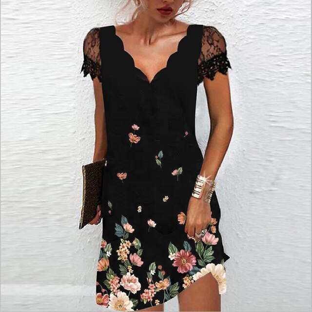 Women’s Lace Sleeve Mini Dress Scalloped V Neck Asymmetric Hem Elegant Party Style