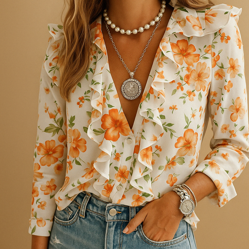 Damenbluse mit Print und Rüschen – Elegantes Oberteil mit V-Ausschnitt, Knopfleiste und langen Ärmeln für Frühling und Sommer
