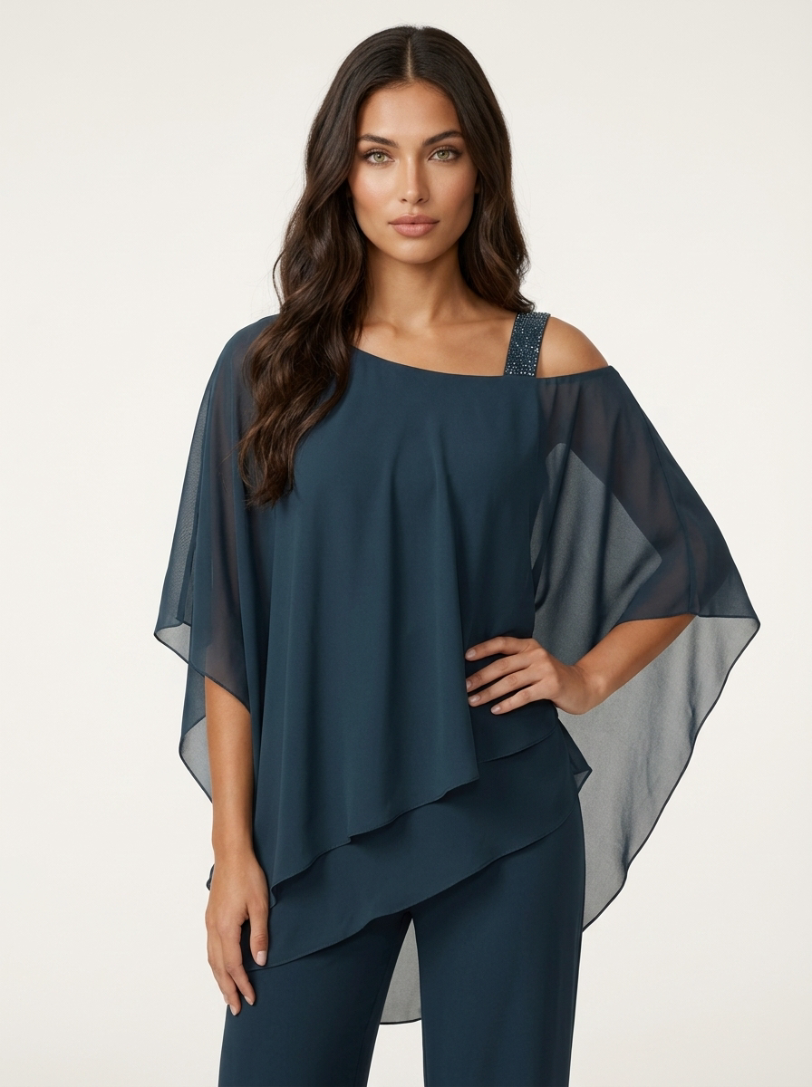 Completo da sera donna con pantaloni a gamba larga e sovrapposizione in chiffon