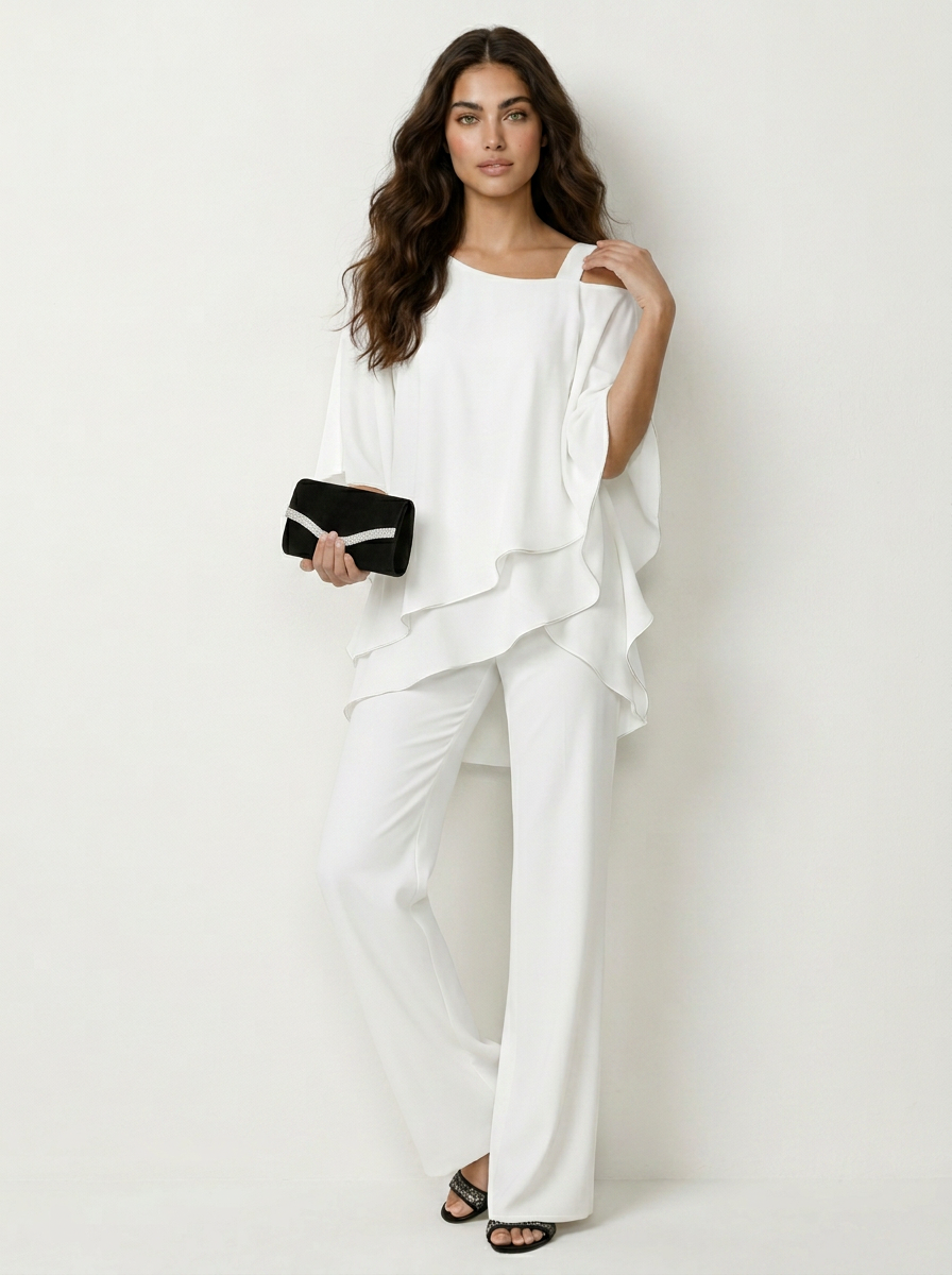 Completo da sera donna con pantaloni a gamba larga e sovrapposizione in chiffon