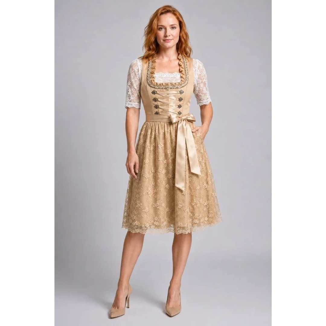 Damen blonde-dirndlkjole i midi-længde – elegant Oktoberfest-stil med bindebånd i taljen