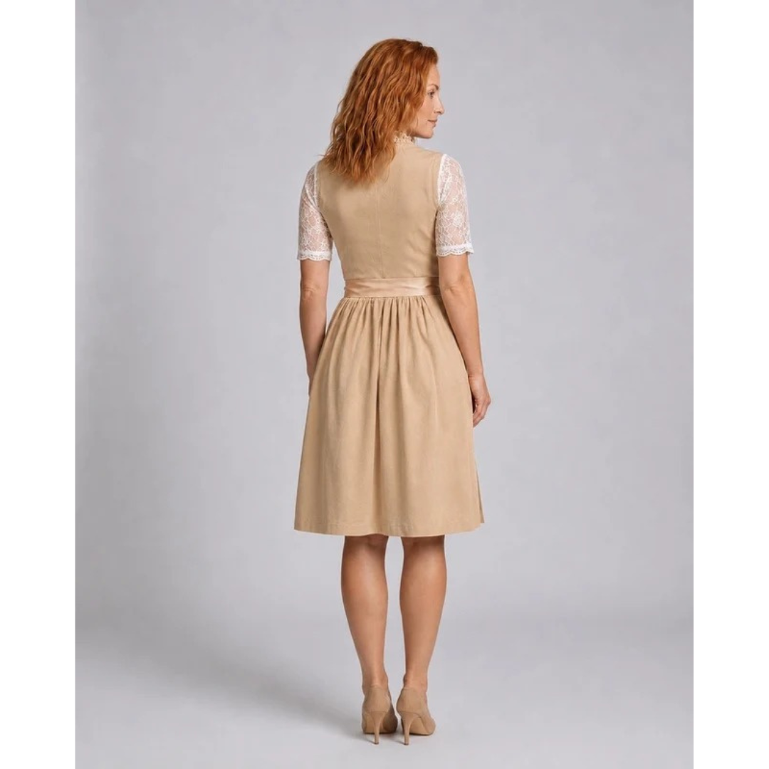 Damen blonde-dirndlkjole i midi-længde – elegant Oktoberfest-stil med bindebånd i taljen