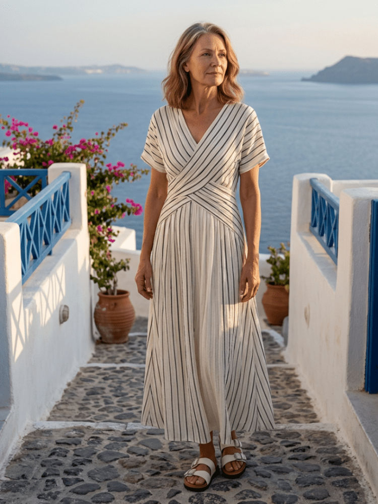 Women’s Striped Midi Dress Cross Waist Elegant Fit