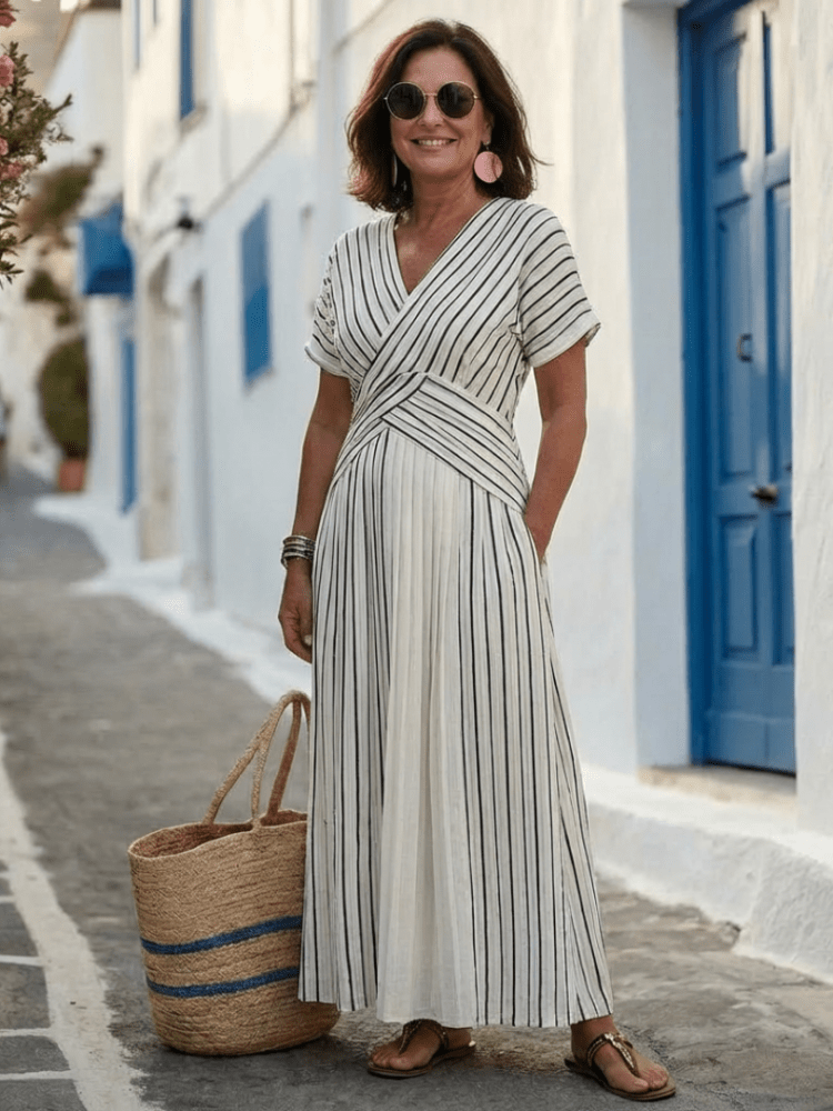 Women’s Striped Midi Dress Cross Waist Elegant Fit