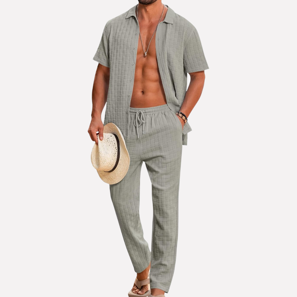 Set de vară pentru bărbați, cămașă texturată și pantaloni lejeri