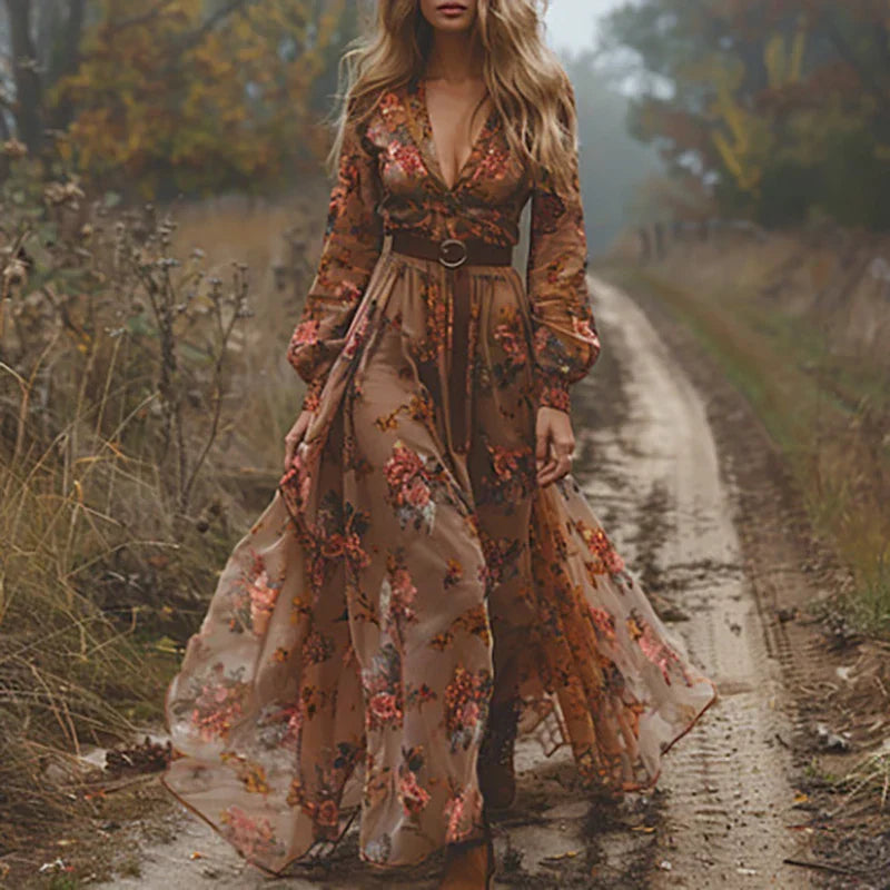 Women’s Embroidered Boho Maxi Dress Sheer Sleeve Evening Style