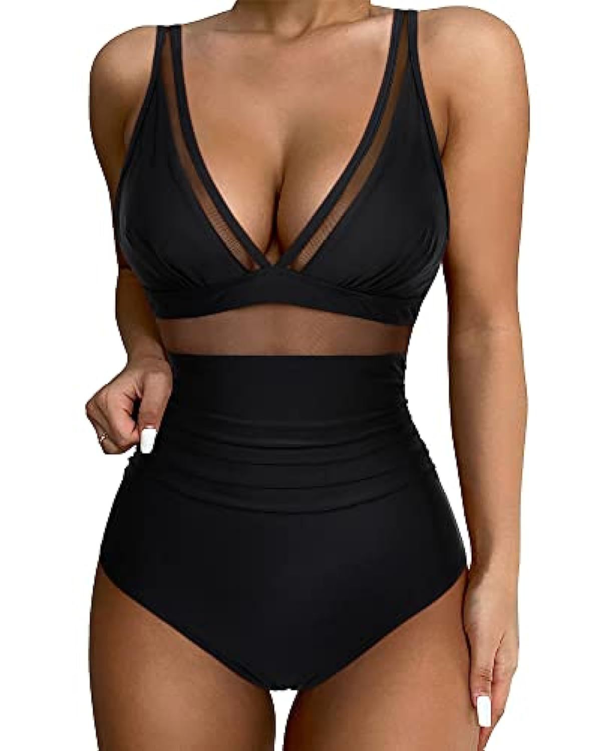 Women’s Swimsuit Deep V Mesh Panel Ruched High Waist