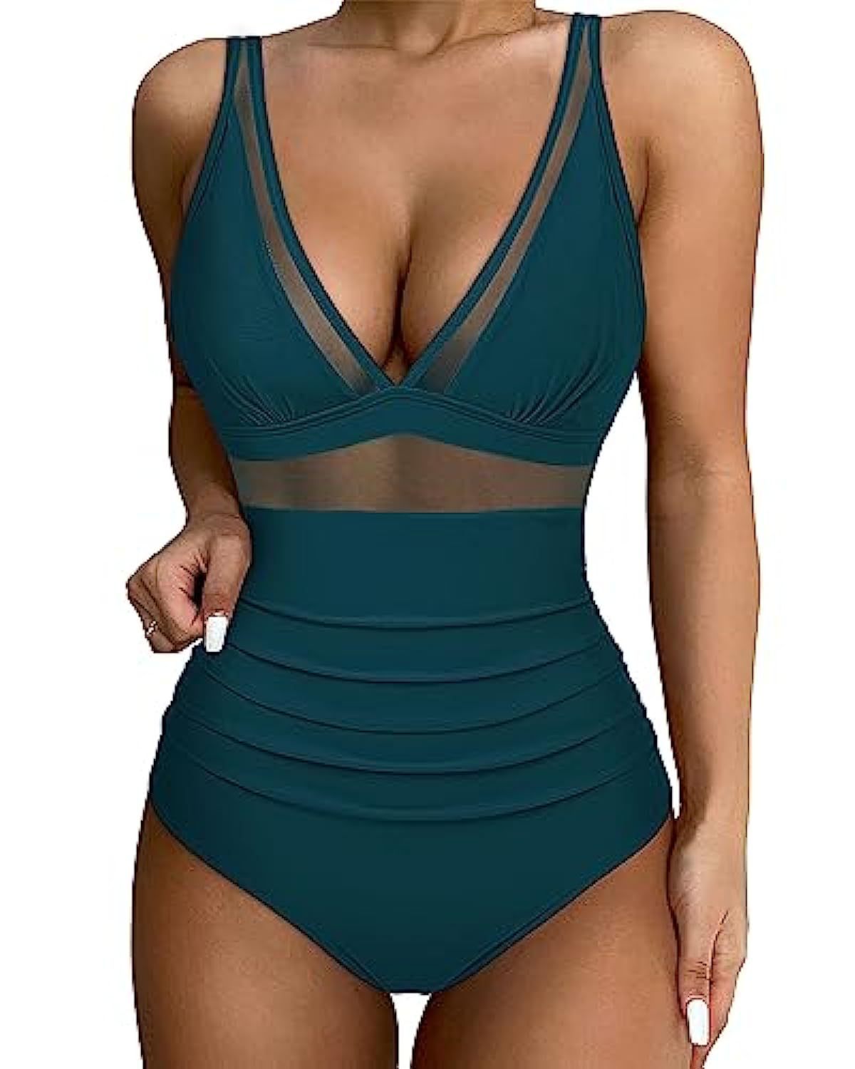 Women’s Swimsuit Deep V Mesh Panel Ruched High Waist