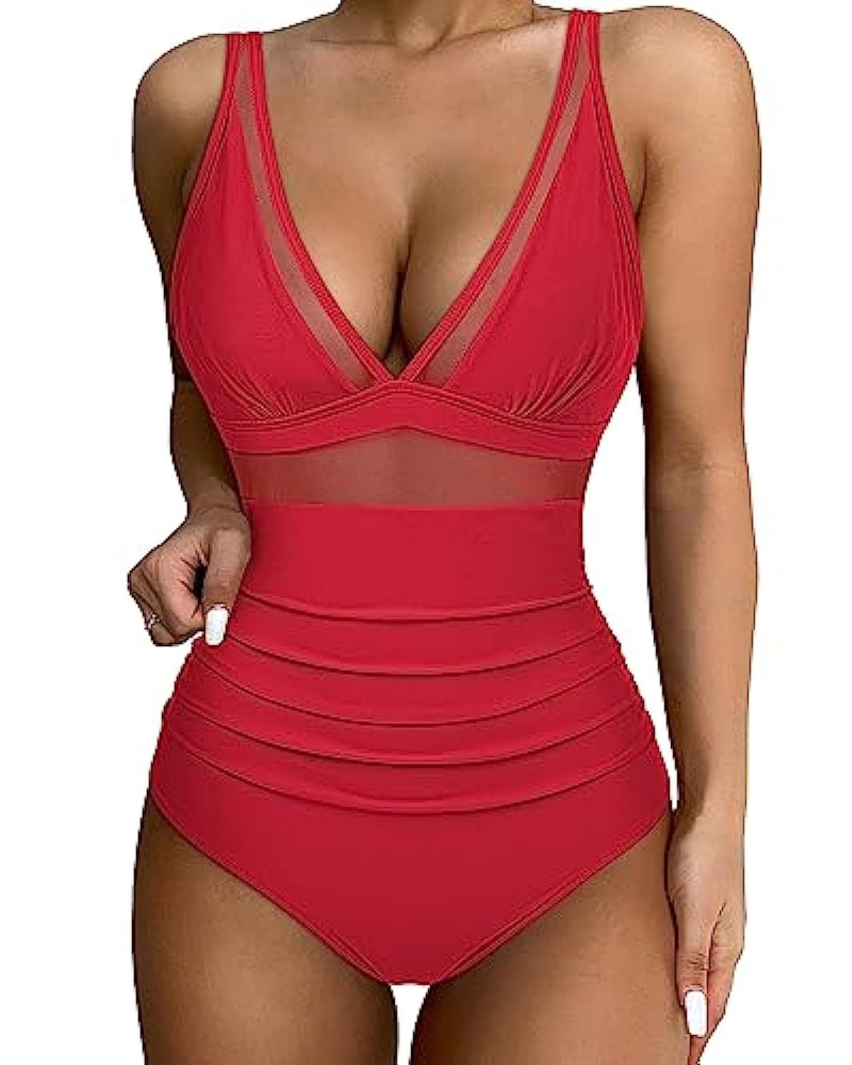 Women’s Swimsuit Deep V Mesh Panel Ruched High Waist