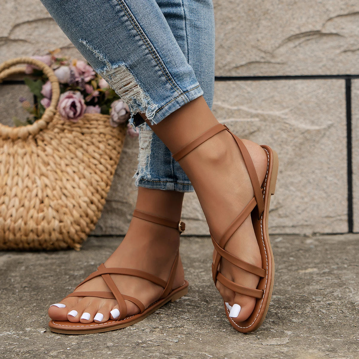 Women’s Sandals Interlaced Strap Flat Open Toe Design