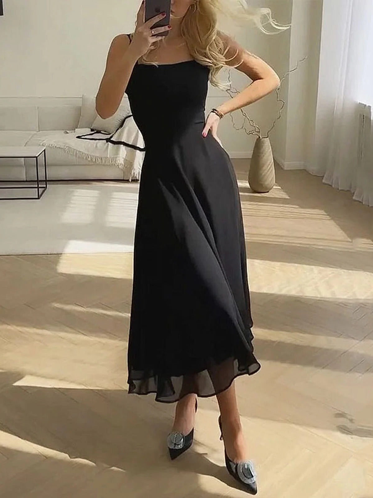 Women’s Strappy Midi Dress With Flowing A-Line Skirt