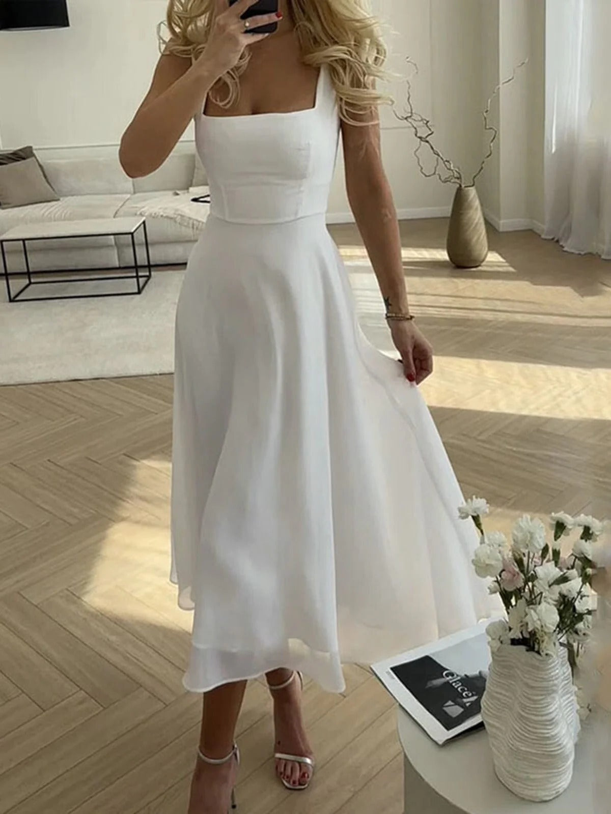 Women’s Strappy Midi Dress With Flowing A-Line Skirt