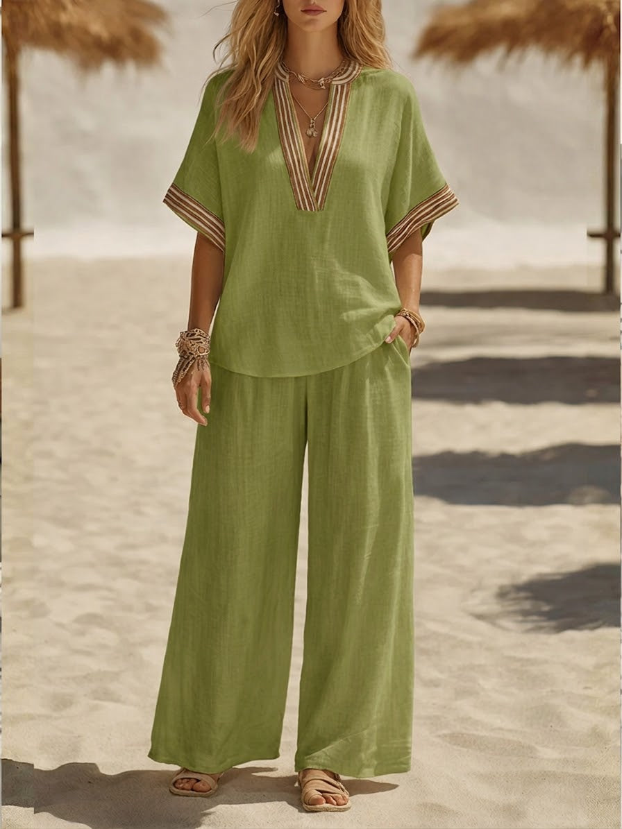 Women’s Linen Co-Ord Set with Printed Neckline Detail