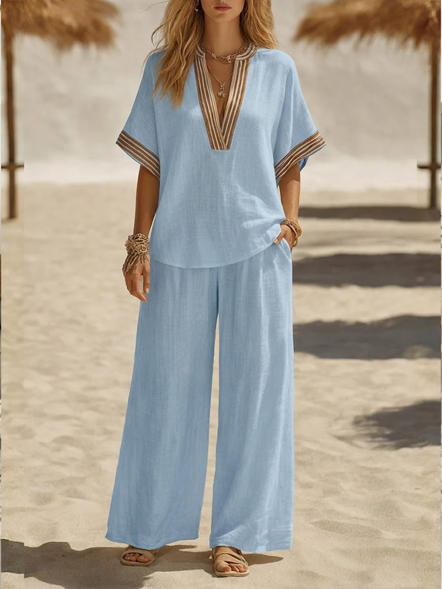 Women’s Linen Co-Ord Set with Printed Neckline Detail