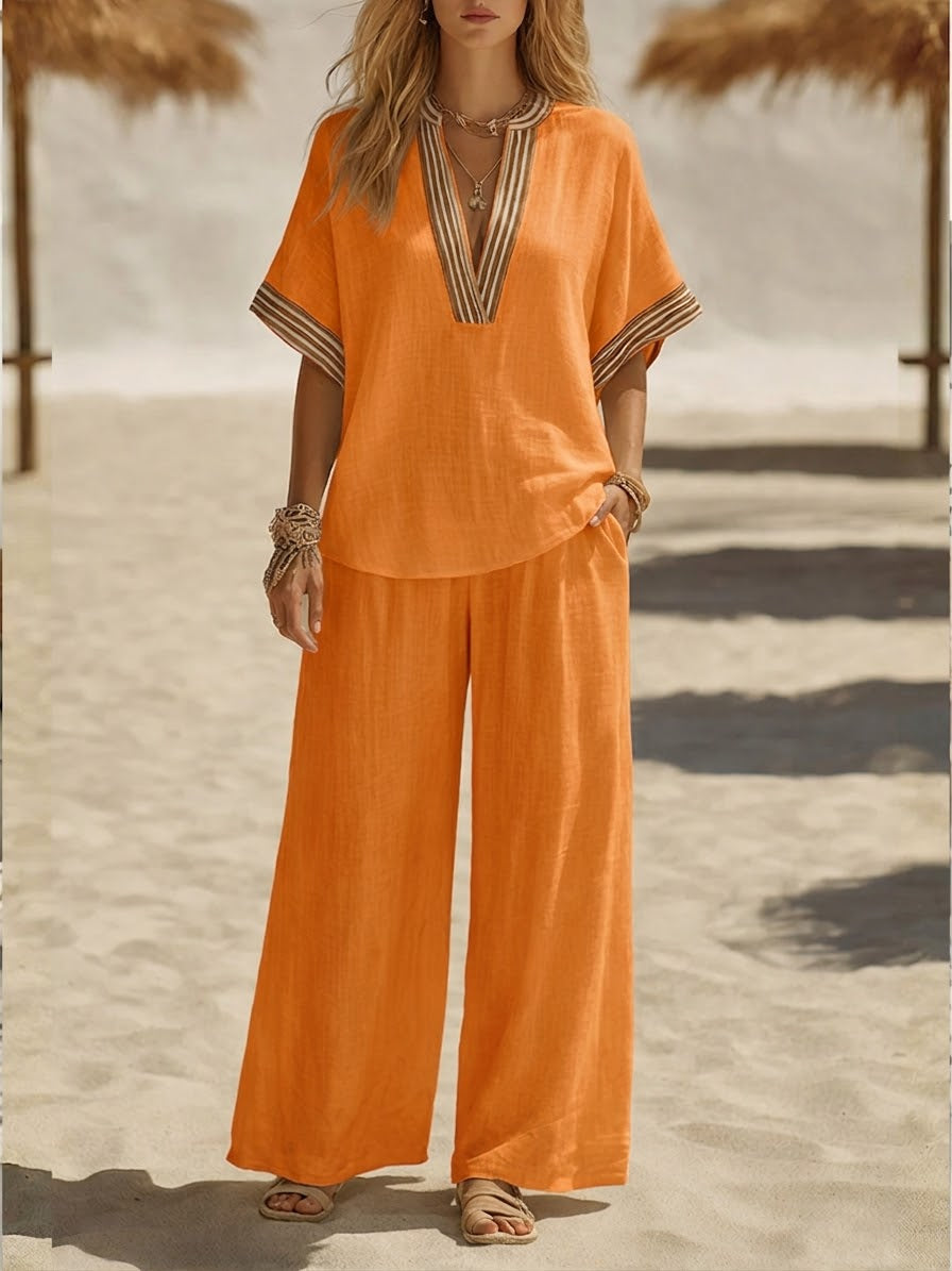 Women’s Linen Co-Ord Set with Printed Neckline Detail