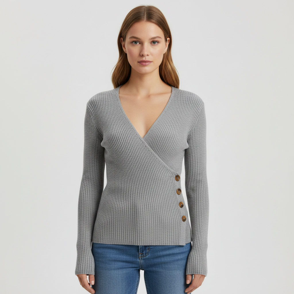 Maglione avvolgente a coste da donna con dettaglio di bottoni laterali