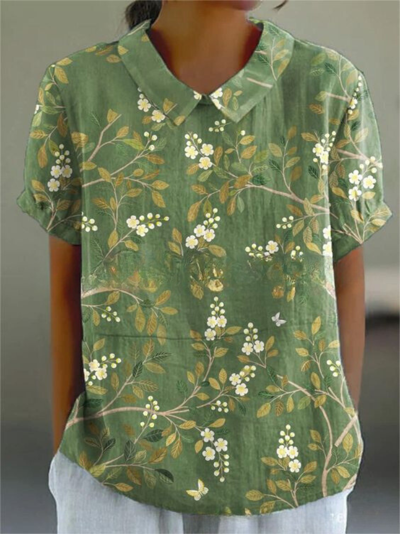 Damebluse med tryk, Peter Pan-krave og korte ærmer, afslappet style