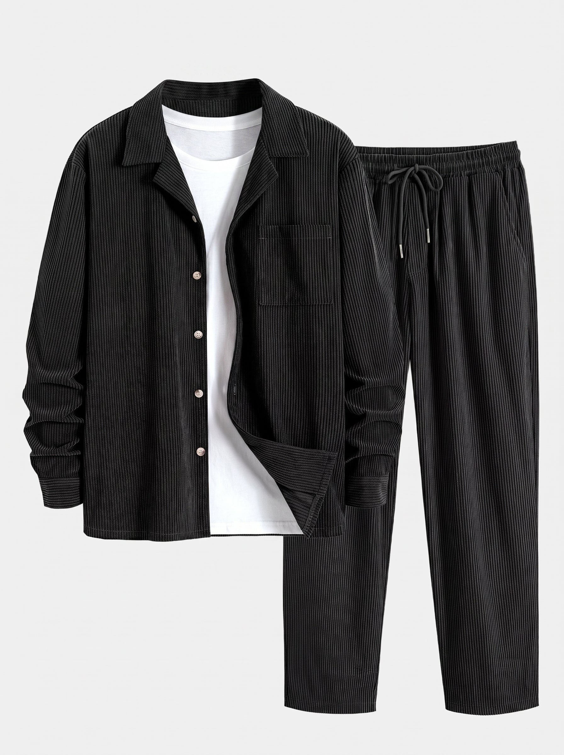 Ensemble homme en velours côtelé à col cubain – chemise à manches longues et pantalon droit pour un style décontracté par temps frais