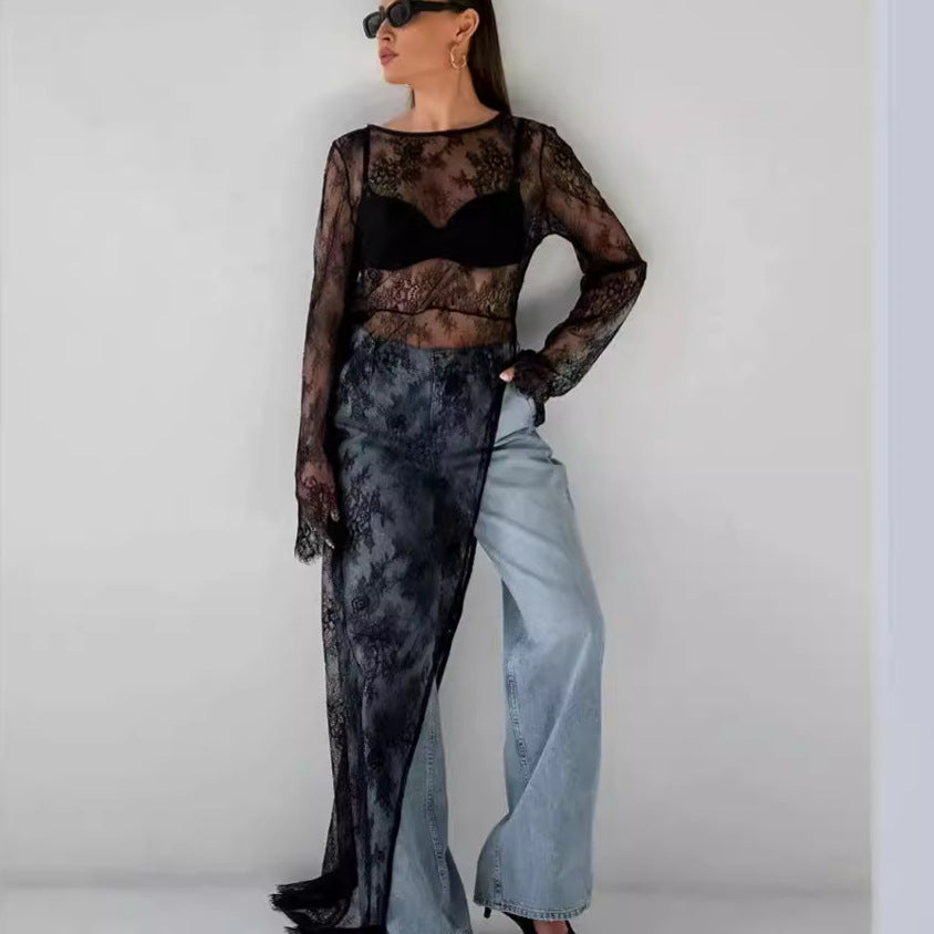 Top lungo trasparente da donna con spacco e vestibilità aderente per stratificazione