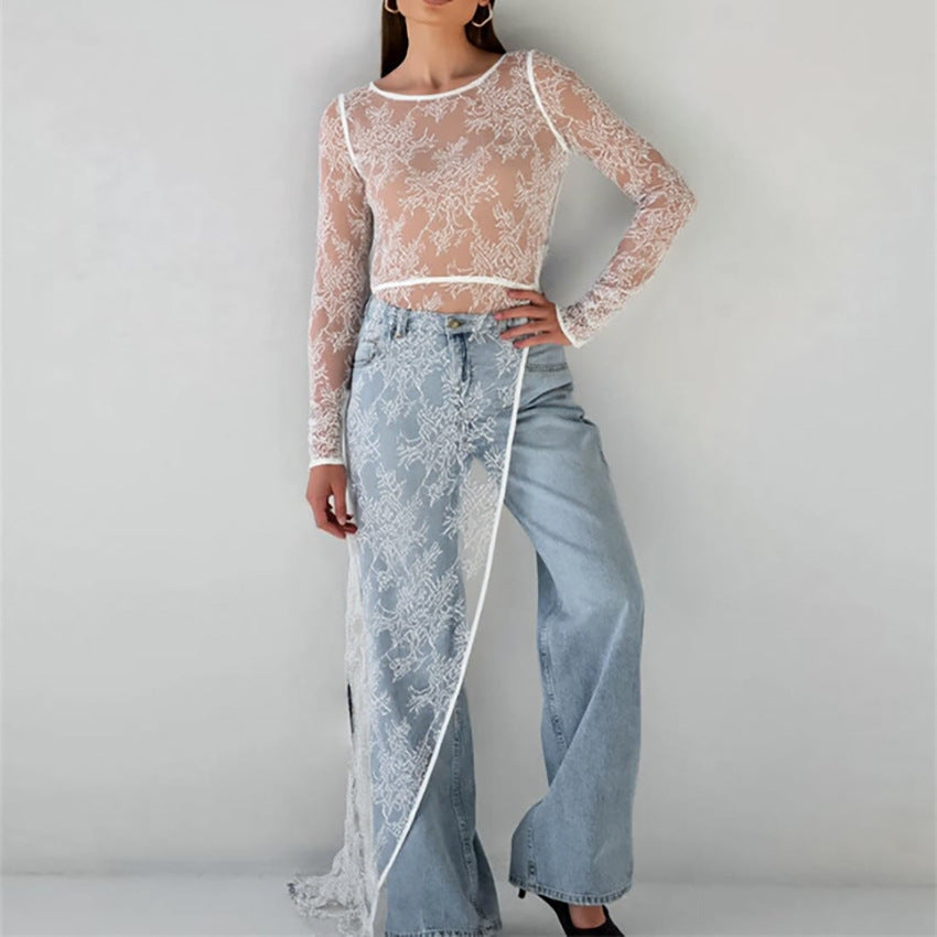 Top lungo trasparente da donna con spacco e vestibilità aderente per stratificazione