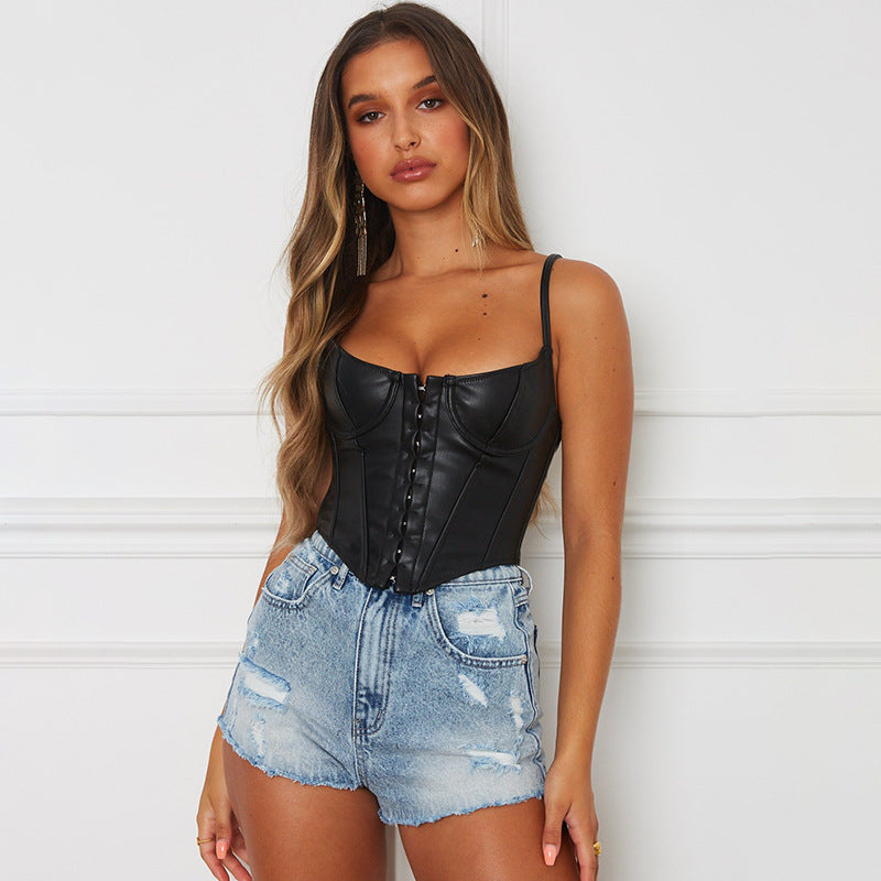 Dame Bustier Top i Kunstlæder med Formet Front og Kroglukning