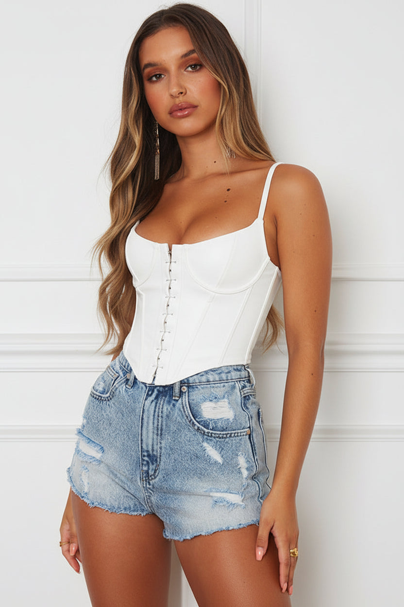 Dame Bustier Top i Kunstlæder med Formet Front og Kroglukning