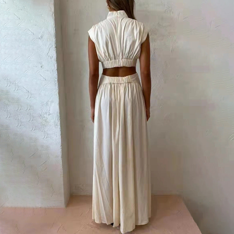 Women’s Pleated Maxi Dress High Neck Side Cut Outs