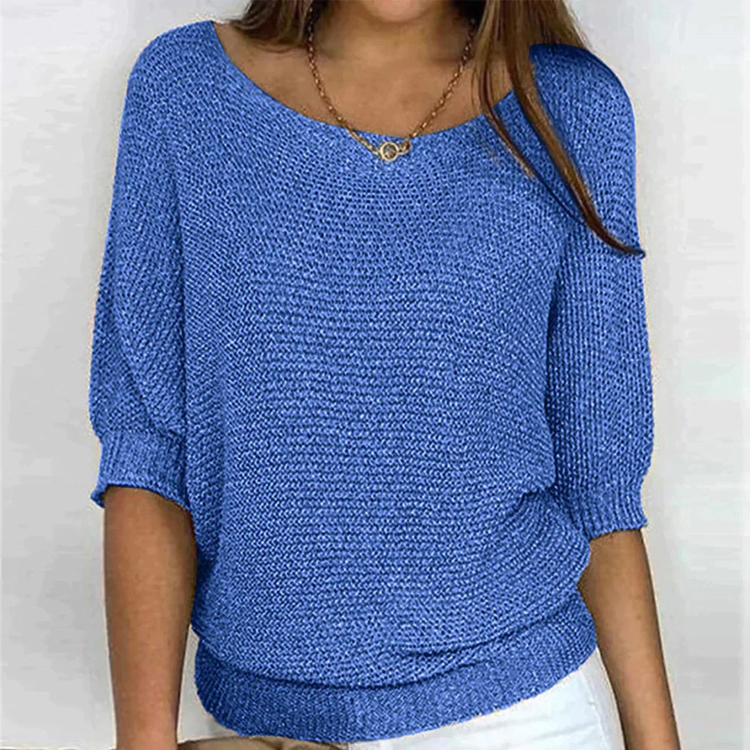 Women’s Textured Scoop-Neck Knit Top – Relaxed Three-Quarter Sleeve Style for Everyday Wear