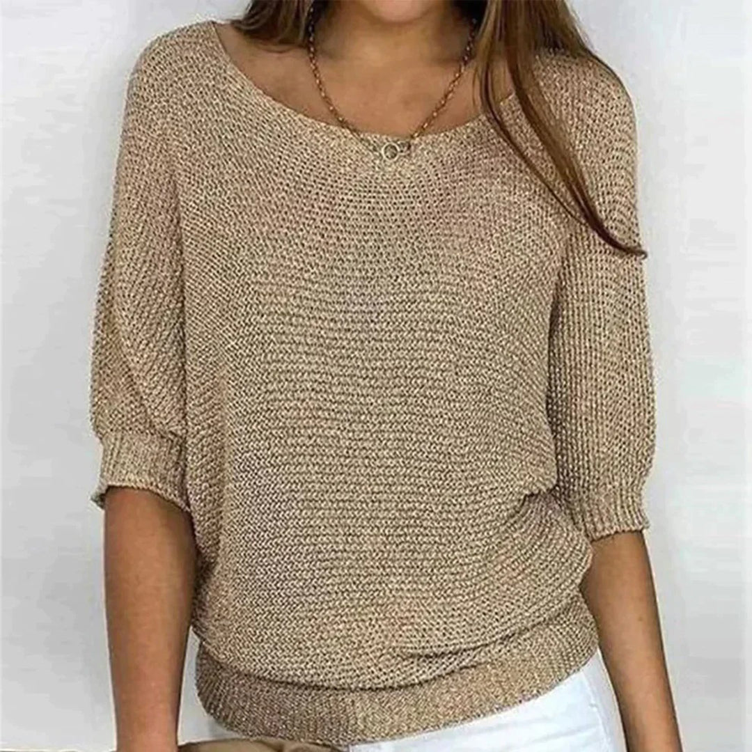 Women’s Textured Scoop-Neck Knit Top – Relaxed Three-Quarter Sleeve Style for Everyday Wear