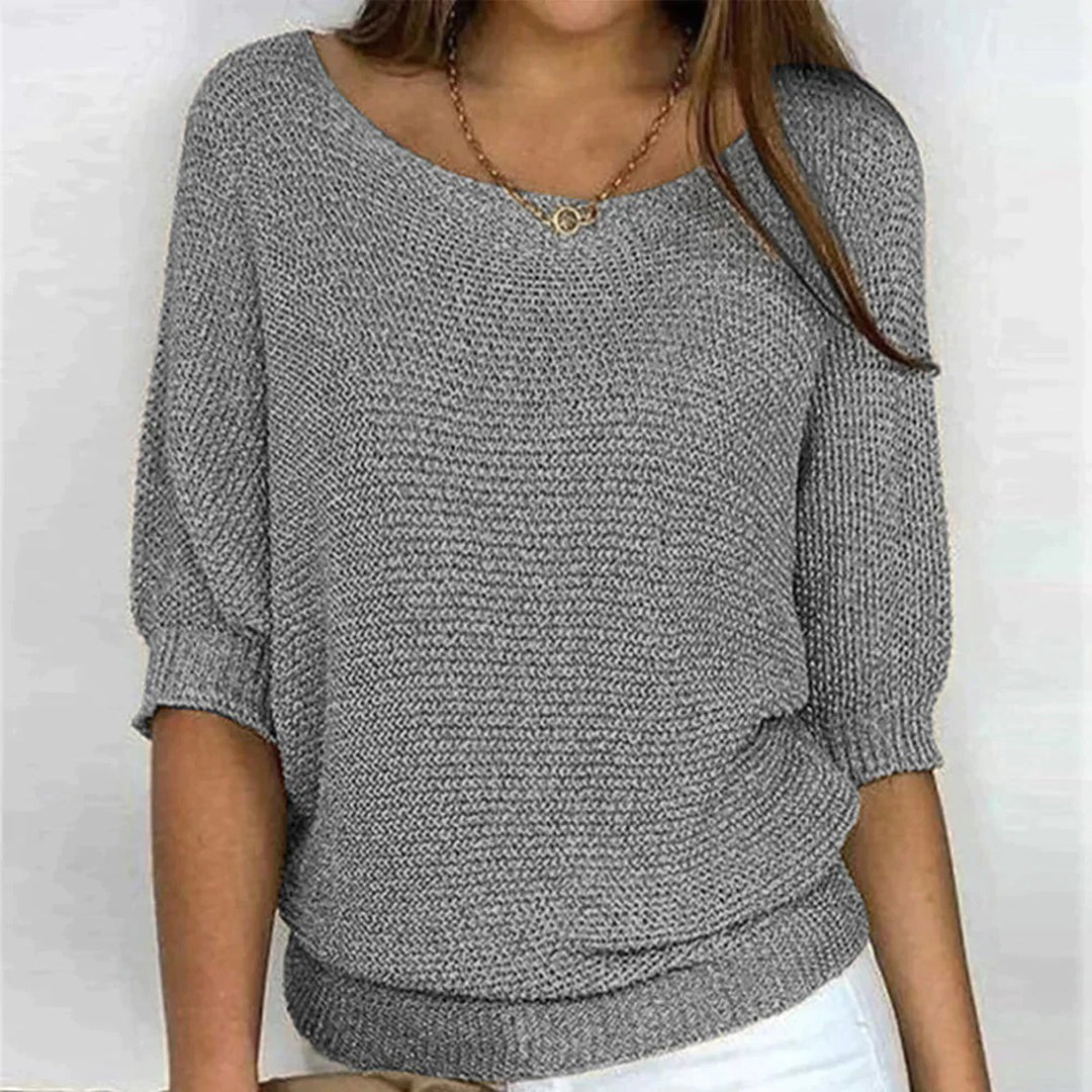 Women’s Textured Scoop-Neck Knit Top – Relaxed Three-Quarter Sleeve Style for Everyday Wear