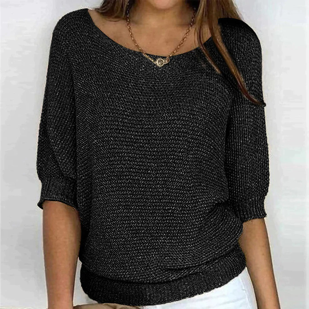 Women’s Textured Scoop-Neck Knit Top – Relaxed Three-Quarter Sleeve Style for Everyday Wear