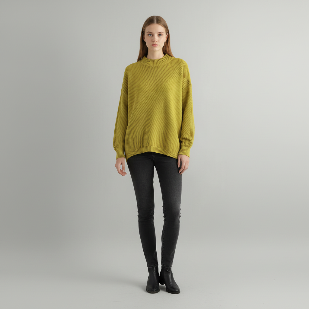 Dámský diagonálně žebrovaný svetr s oversized střihem a stojáčkem