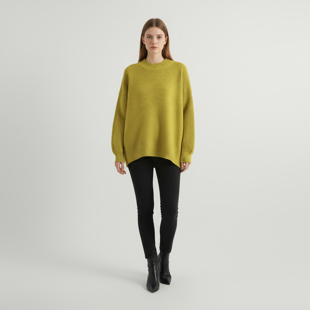 Dámský diagonálně žebrovaný svetr s oversized střihem a stojáčkem